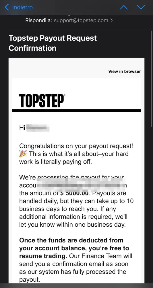 Topstep payout request confirmation e-mail: $5,000.00 — the third same-day request, on yet another account, 10 august 2025.