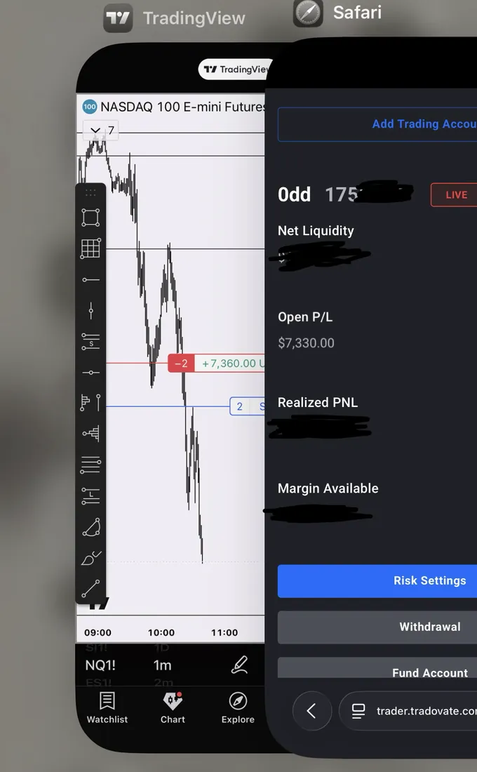 two apps side by side in the iphone app-switcher: tradingview with the short -2 nq showing +7,360.00 USD, and trader.tradovate.com with a LIVE badge and open p/l $7,330.00 — balances and account ids scribbled out by matteo himself. open position; in the whop gallery since 17 july 2026.