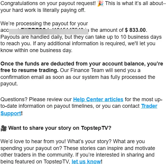 “me and bro’s first payout” — Topstep payout confirmation, $833.00.