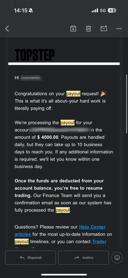 Topstep payout confirmation: $4,000.00 being processed.