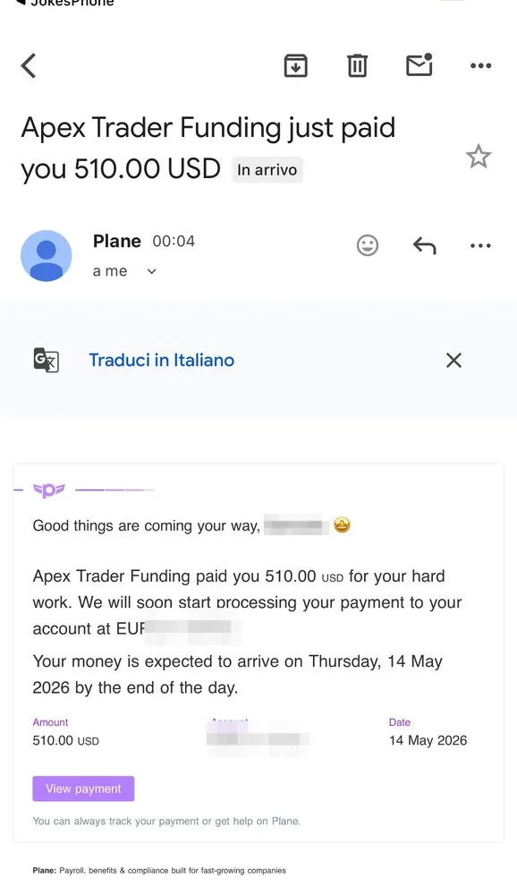Apex Trader Funding sent $510.00 through Plane — expected in the member’s account 14 may 2026.
