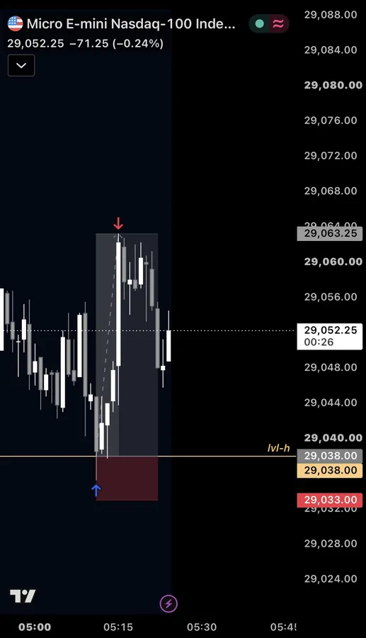 “quickest 5rr, (closed early cuz I was sized heavy) got my first winning day secured, much love @matteo 🫶🏽” — the Micro E-mini Nasdaq chart of the trade: the long marked at the 29,038.00 level, the stop box down to 29,033.00, the target box up to 29,063.25.