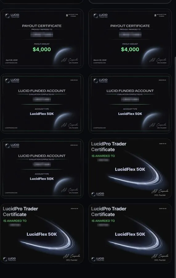 Lucid Trading account gallery: two payout certificates of $4,000 (30 March and 6 April 2026) alongside LucidFlex 50K funded-account and LucidPro certificates.