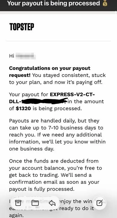 Topstep payout confirmation: $1,320 being processed, 13 August 2026.