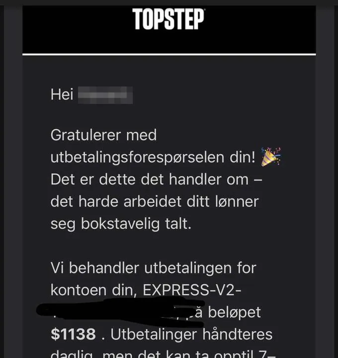 Topstep payout confirmation: $1,138, 25 January 2026 (Norwegian).