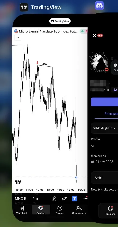 “grazie matteo anche oggi sei il miglior mentore del mondo” — the seventh thank-you duskhot posted in two weeks: TradingView chart and his Discord profile side by side.