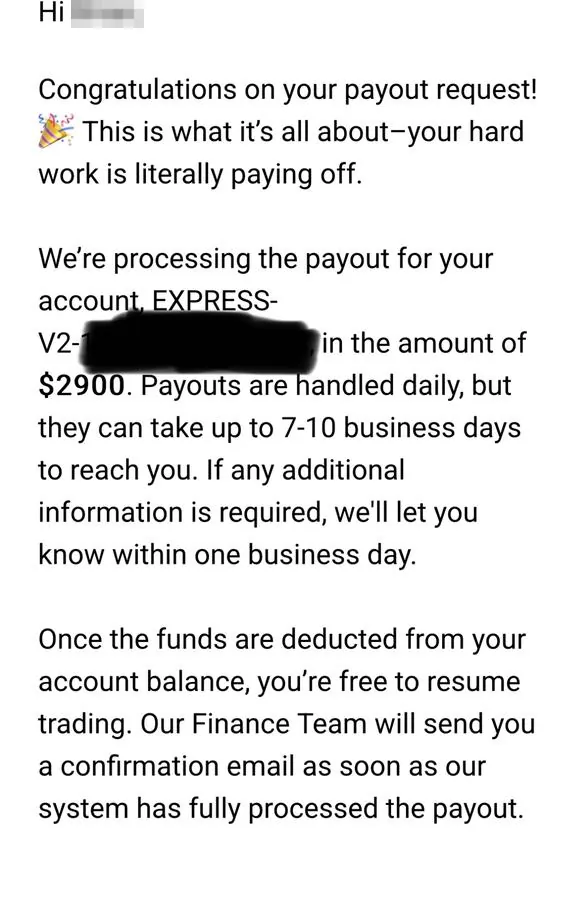 Topstep payout confirmation: $2,900 being processed.