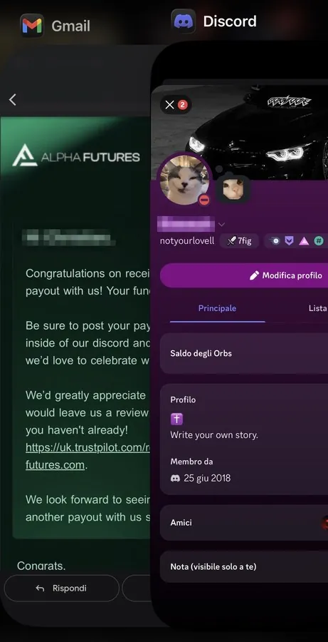 “thanks for making me what I am today.” — Alpha Futures e-mail congratulating a received payout, open next to his Discord profile. First name in the e-mail blurred.