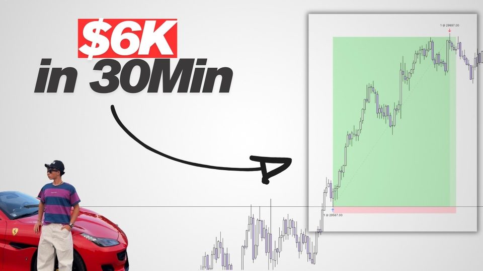 video thumbnail: $6K in 30 min, a candlestick chart with the trade highlighted, matteo beside a red ferrari.