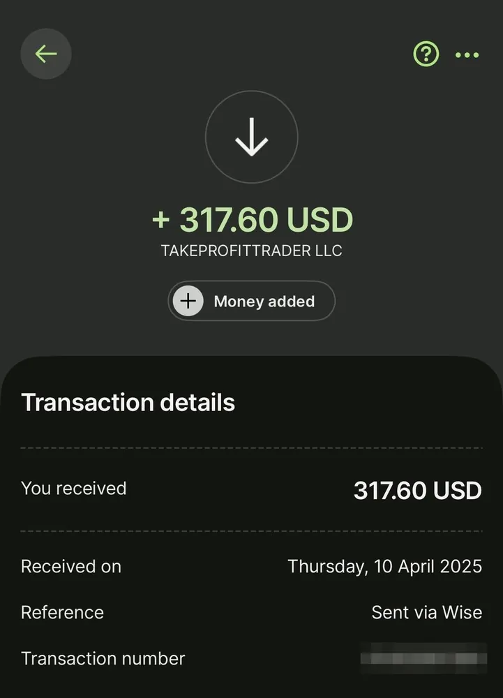 $317.60 received through Wise from TakeProfitTrader LLC, 10 april 2025.