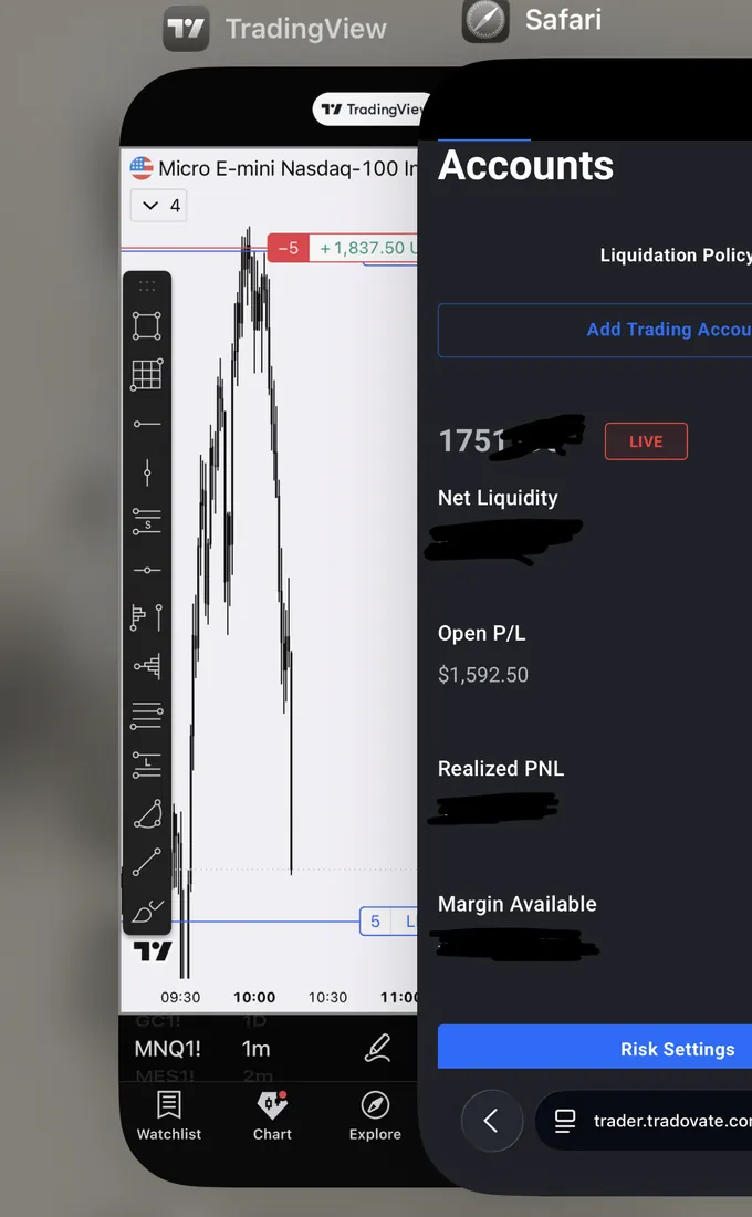 same double-frame, micro contracts this time: -5 mnq at +1,837.50 USD next to the tradovate accounts page, LIVE badge on, open p/l $1,592.50 — the rest of the panel scribbled out by hand. open position; in the gallery since 17 july 2026.