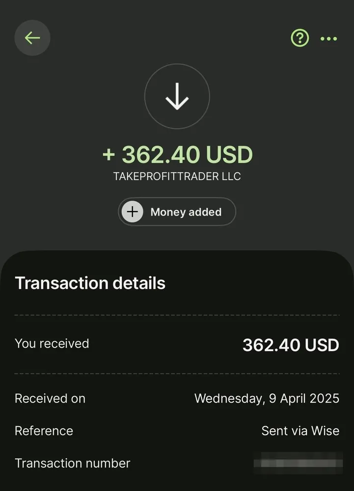 $362.40 received through Wise from TakeProfitTrader LLC, 9 april 2025.