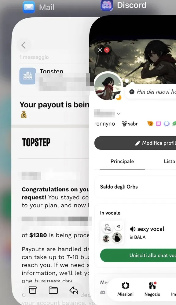 Topstep e-mail: a $1,380 payout in processing — posted 6 august 2026, next to the member’s own discord profile.