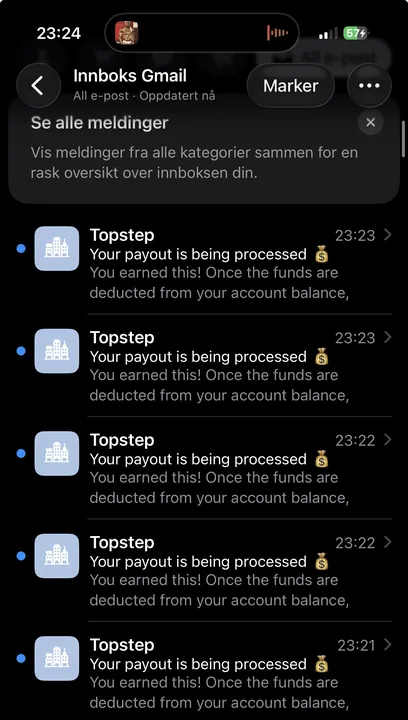 Gmail inbox: five consecutive Topstep “Your payout is being processed” notifications, minutes apart, 13 August 2026.