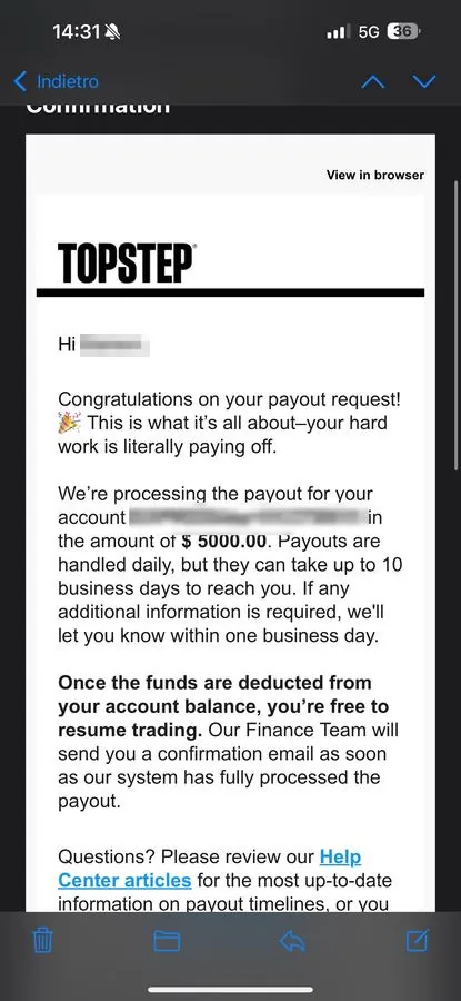 Topstep payout confirmation: $5,000.00 being processed.