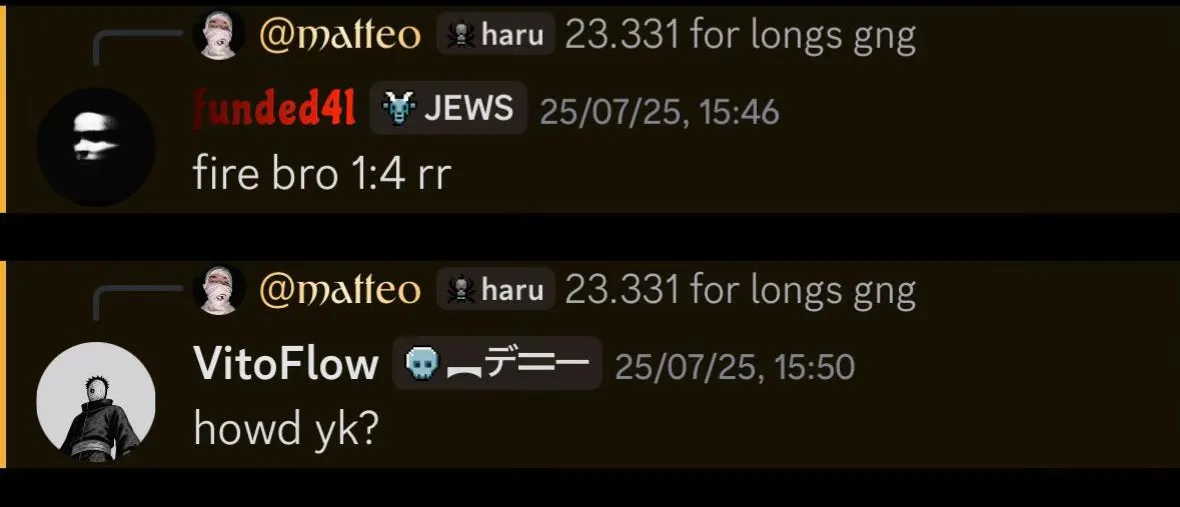 “fire bro 1:4 rr” — reply to Matteo’s “23.331 for longs gng” call in the levels channel, 25 July 2025; four minutes later another member replies “howd yk?”.