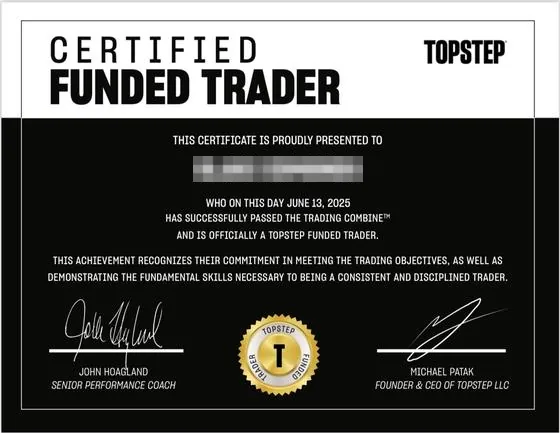 Topstep Certified Funded Trader certificate, 13 June 2025.
