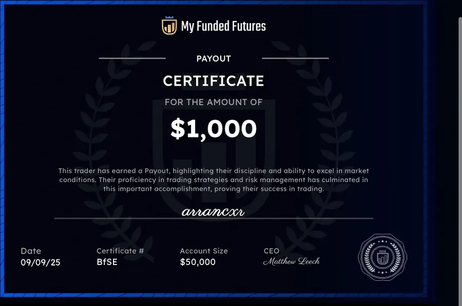 My Funded Futures payout certificate: $1,000 on a $50,000 account, 9 September 2025.