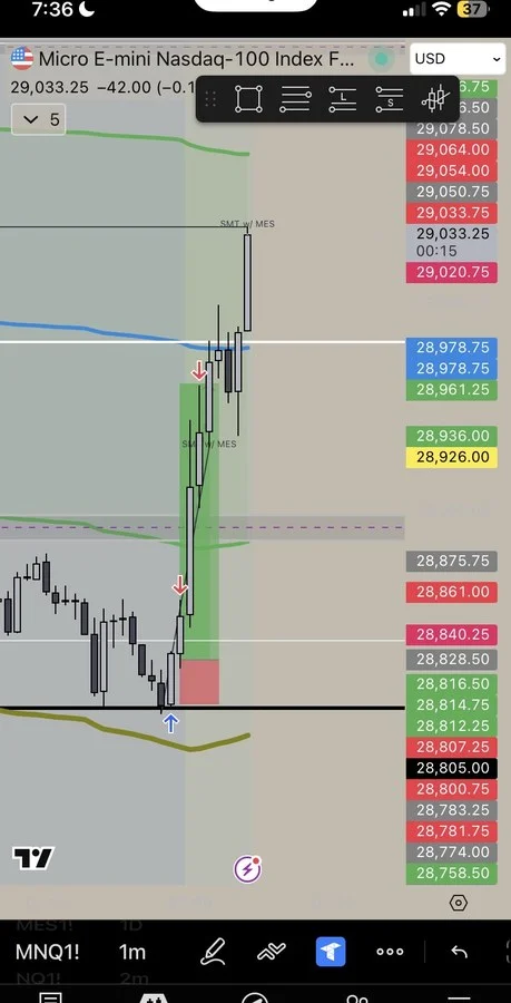 “only tp here cuz consistency but holy shi this guy has no dd. Love u Matteo” — MNQ chart with the long marked: entry at the low, take-profit zone above.