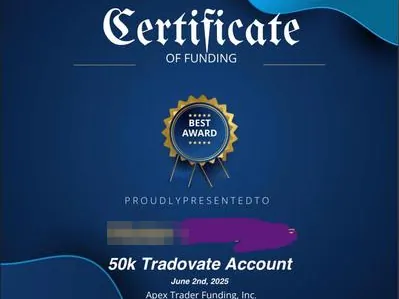 Apex Trader Funding certificate of funding: 50K Tradovate account, 2 June 2025.