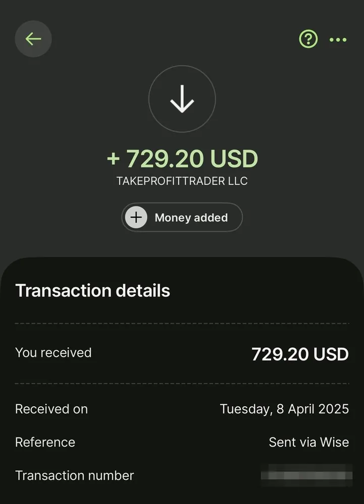 $729.20 received through Wise from TakeProfitTrader LLC, 8 april 2025 — the first of three bank receipts from the same week.