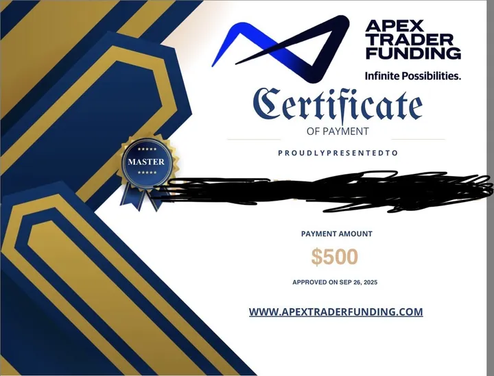 Apex Trader Funding certificate of payment: $500, approved 26 September 2025.