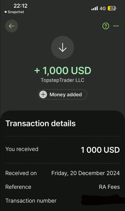 Wise: 1,000 USD received from TopstepTrader LLC, Friday 20 December 2024 — the one payout he had before joining. Posted by him on his first week in the server.