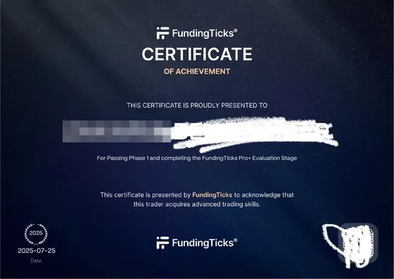 FundingTicks certificate of achievement: Pro+ evaluation stage passed, 25 July 2025.